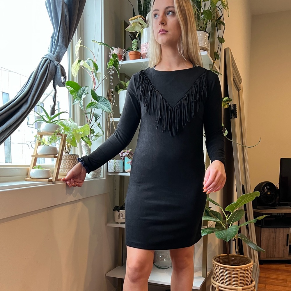 Molly Bracken Long Sleeve Faux Suede Fringe Trim Mini Dress